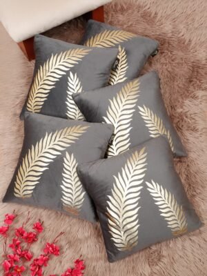 Hosta Homes Grey Gold Fern Leaf Foil Print Cushion Covers - Set of 5