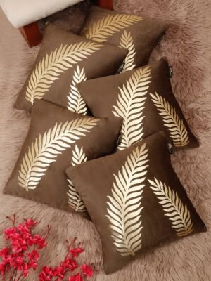 Hosta Homes Chocolate Brown Gold Fern Leaf Foil Print Cushion Covers - Set of 5