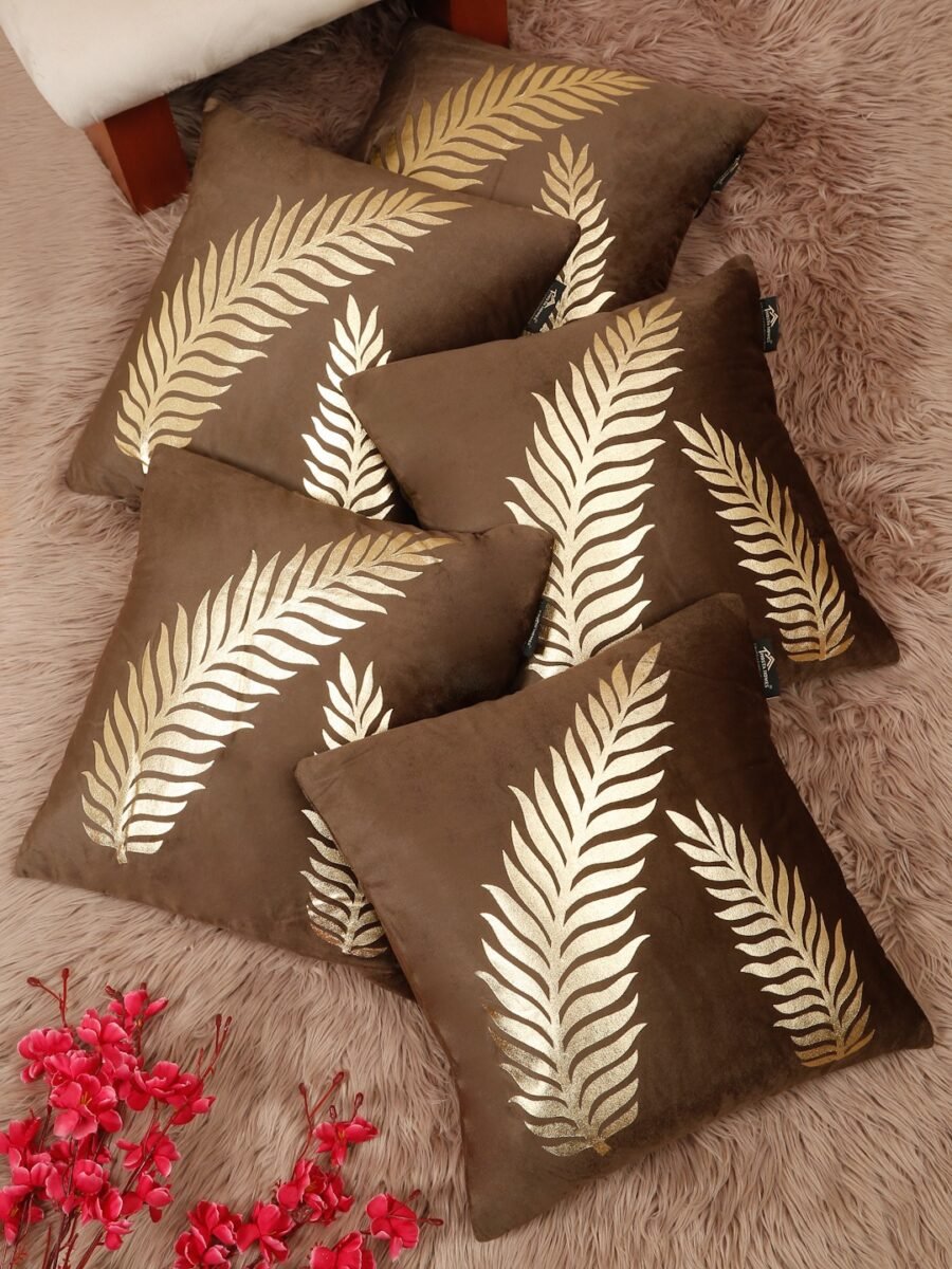 Hosta Homes Chocolate Brown Gold Fern Leaf Foil Print Cushion Covers - Set of 5