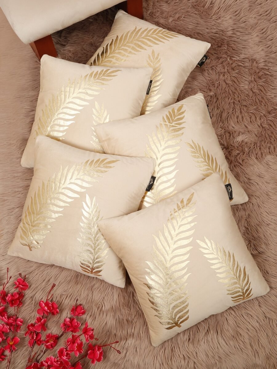 Hosta Homes Ivory Gold Fern Leaf Foil Print Cushion Covers - Set of 5