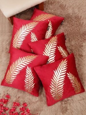 Hosta Homes Red Gold Fern Leaf Foil Print Cushion Covers - Set of 5