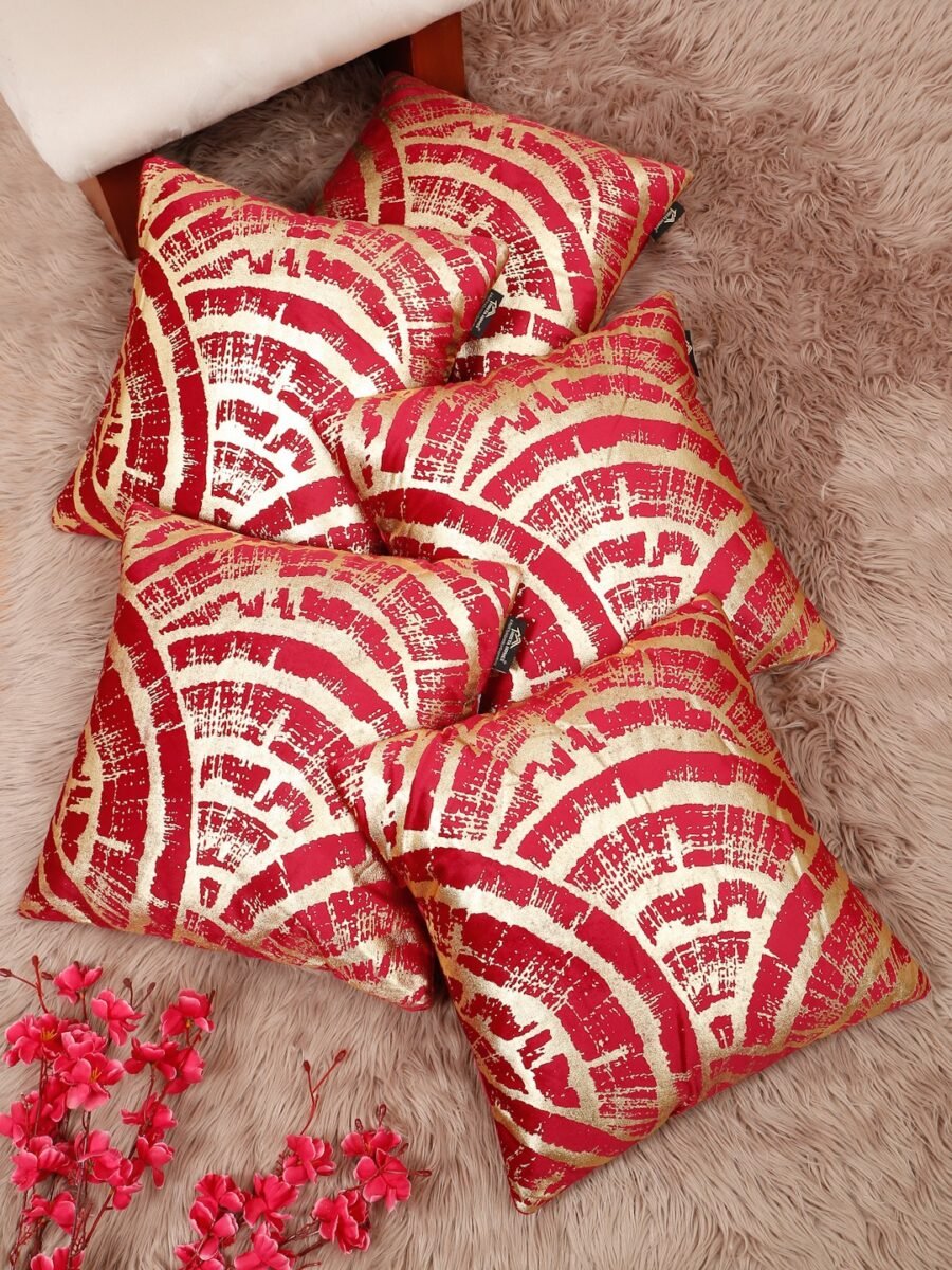 Hosta Homes Red Gold Abstract Arc Foil Print Cushion Covers - Set of 5