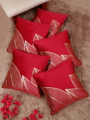 Hosta Homes Red Gold Leaf Outline Foil Print Cushion Covers - Set of 5