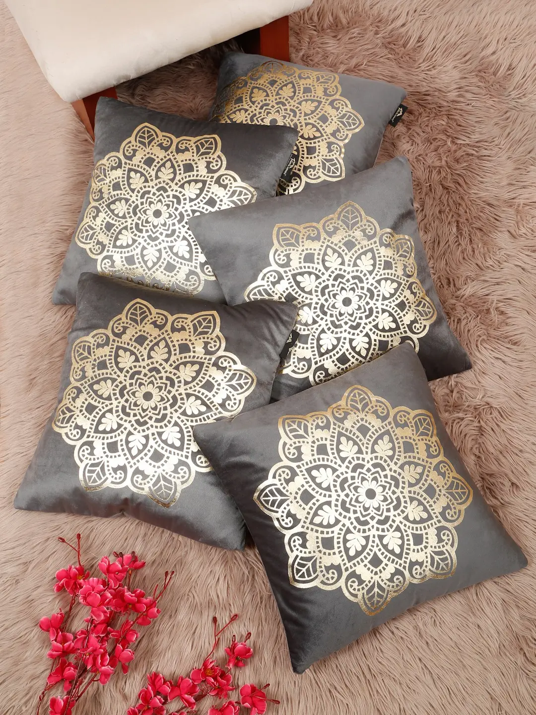 Hosta Homes 16 X 16 Inches Foil Printed Cushion Covers Set of 5 - HHCC824
