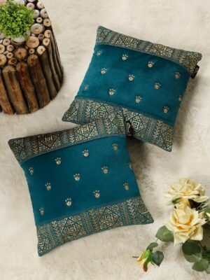 Hosta Homes Teal Ethnic Border Embroidery Cushion Covers - Set of 2