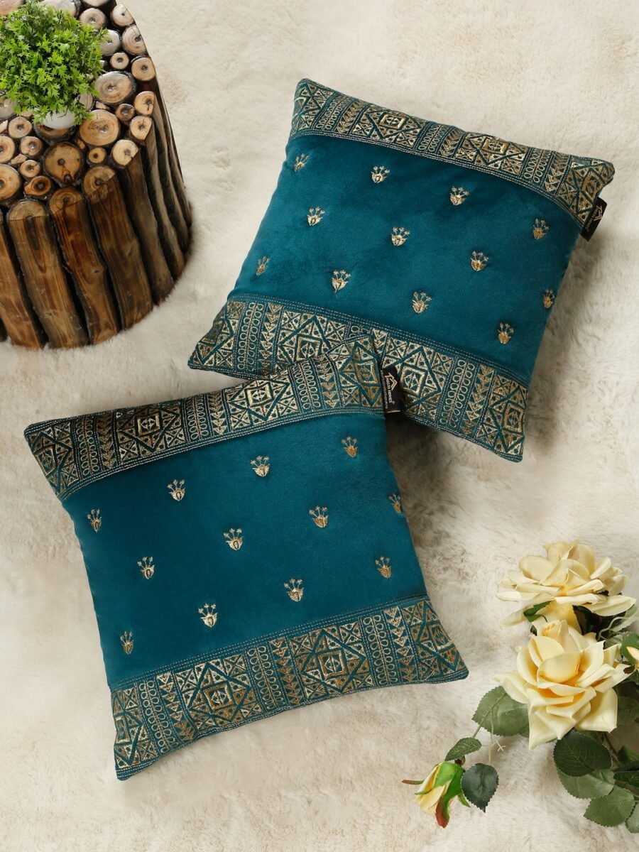 Hosta Homes Teal Ethnic Border Embroidery Cushion Covers - Set of 2