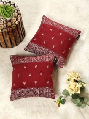 Hosta Homes Maroon Ethnic Border Embroidery Cushion Covers - Set of 2