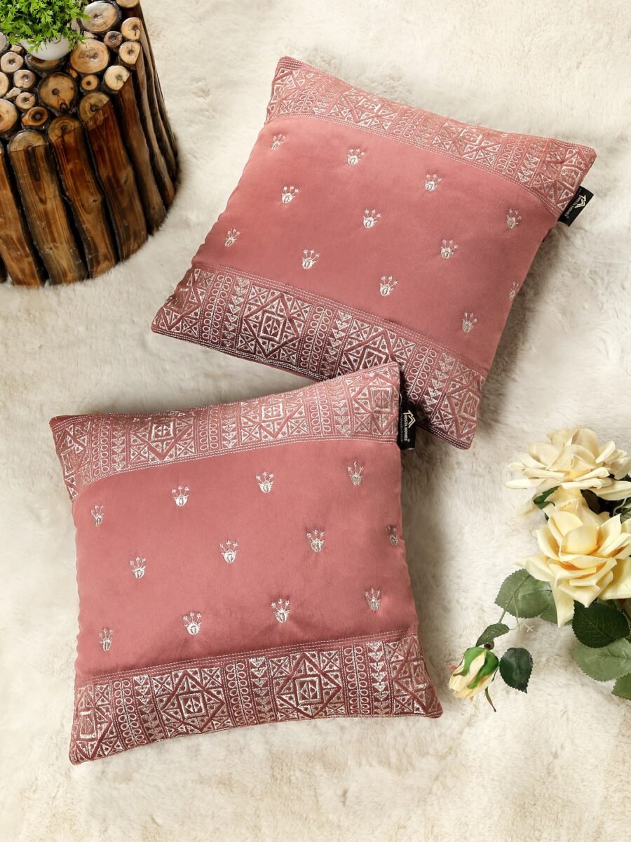 Hosta Homes Dusty Pink Ethnic Border Embroidery Cushion Covers - Set of 2