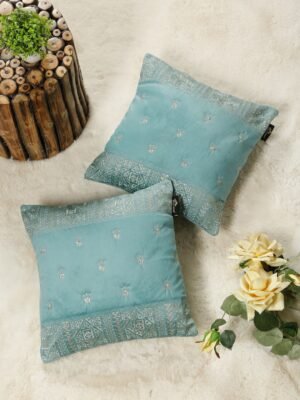 Hosta Homes Aqua Blue Ethnic Border Embroidery Cushion Covers - Set of 2