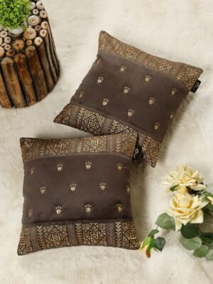 Hosta Homes Chocolate Brown Ethnic Border Embroidery Cushion Covers - Set of 2