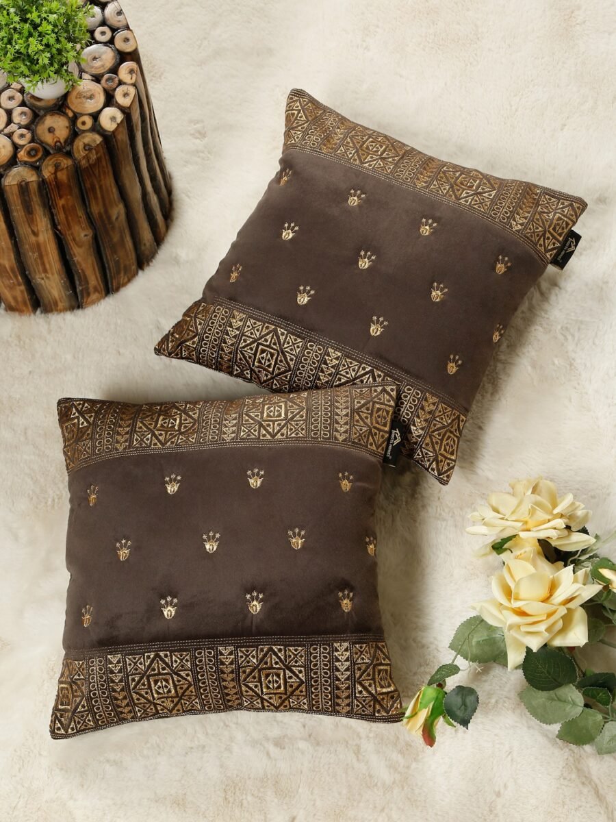 Hosta Homes Chocolate Brown Ethnic Border Embroidery Cushion Covers - Set of 2