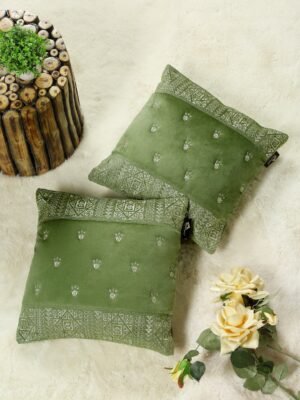 Hosta Homes Olive Green Ethnic Border Embroidery Cushion Covers - Set of 2