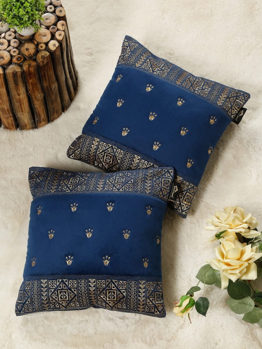 Hosta Homes Navy Blue Ethnic Border Embroidery Cushion Covers - Set of 2