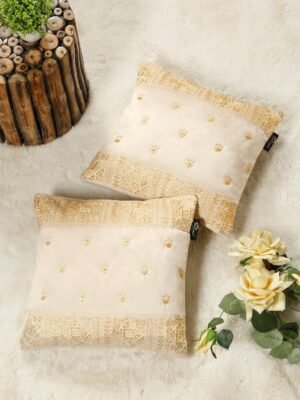 Hosta Homes Ivory Gold Ethnic Border Embroidery Cushion Covers - Set of 2