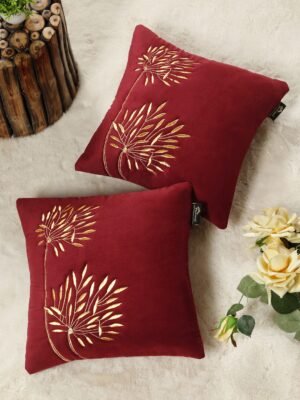 Hosta Homes Maroon Palm Leaf Embroidery Cushion Covers - Set of 2