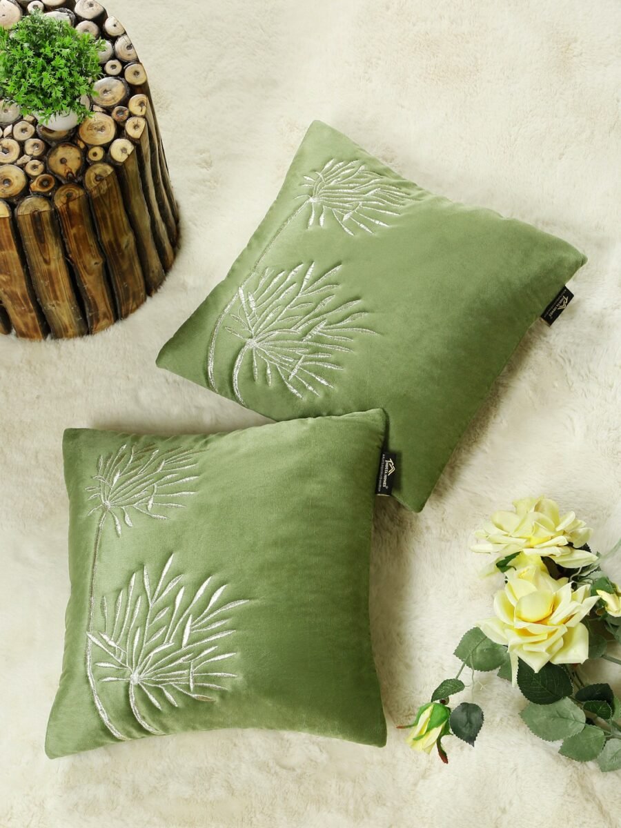 Hosta Homes Olive Green Palm Leaf Embroidery Cushion Covers - Set of 2