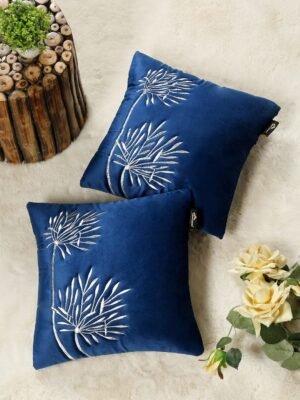 Hosta Homes Royal Blue Palm Leaf Embroidery Cushion Covers - Set of 2