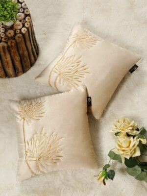 Hosta Homes Cream Gold Palm Leaf Embroidery Cushion Covers - Set of 2
