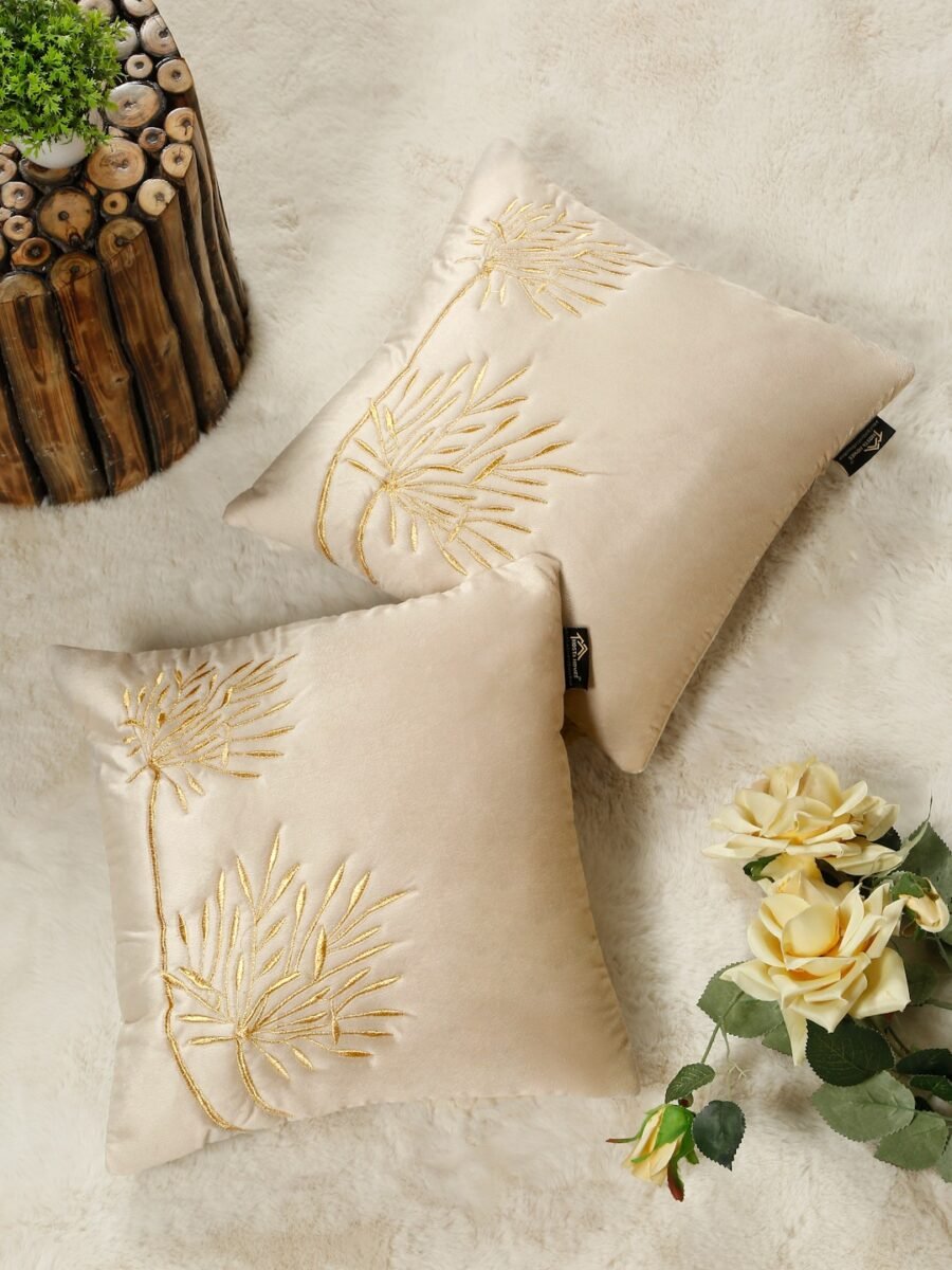 Hosta Homes Cream Gold Palm Leaf Embroidery Cushion Covers - Set of 2
