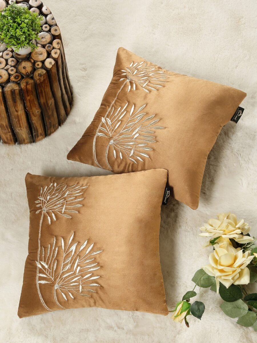 Hosta Homes Camel Gold Palm Leaf Embroidery Cushion Covers - Set of 2