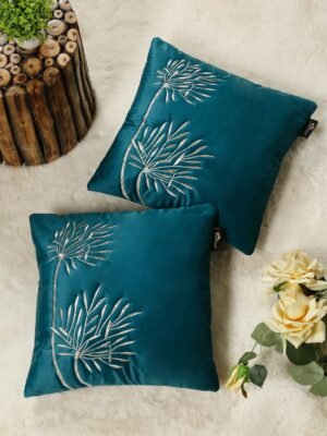 Hosta Homes Teal Palm Leaf Embroidery Cushion Covers - Set of 2