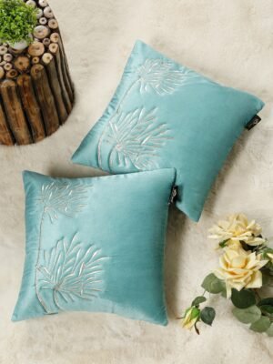 Hosta Homes Aqua Blue Palm Leaf Embroidery Cushion Covers - Set of 2