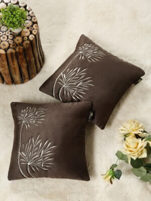 Hosta Homes Chocolate Brown Palm Leaf Embroidery Cushion Covers - Set of 2