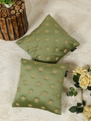 Hosta Homes Olive Green Gold Buti Embroidery Cushion Covers - Set of 2