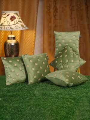 Hosta Homes Olive Green Gold Buti Embroidery Cushion Covers - Set of 5