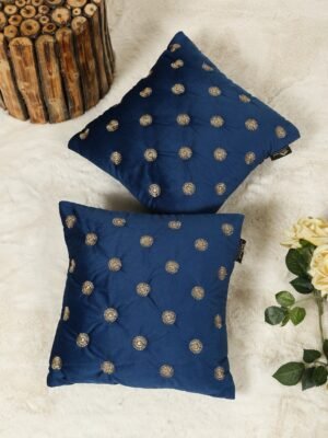 Hosta Homes Navy Blue Gold Buti Embroidery Cushion Covers - Set of 2