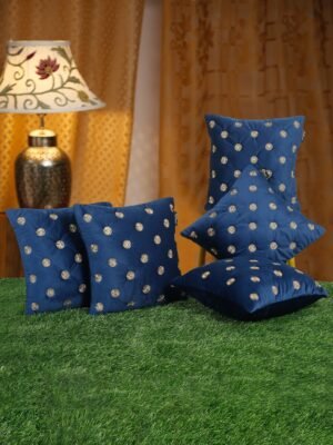 Hosta Homes Navy Blue Gold Buti Embroidery Cushion Covers - Set of 5