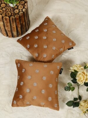 Hosta Homes Camel Brown Gold Buti Embroidery Cushion Covers - Set of 2