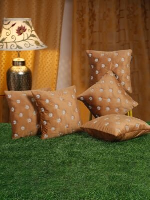 Hosta Homes Camel Brown Gold Buti Embroidery Cushion Covers - Set of 5