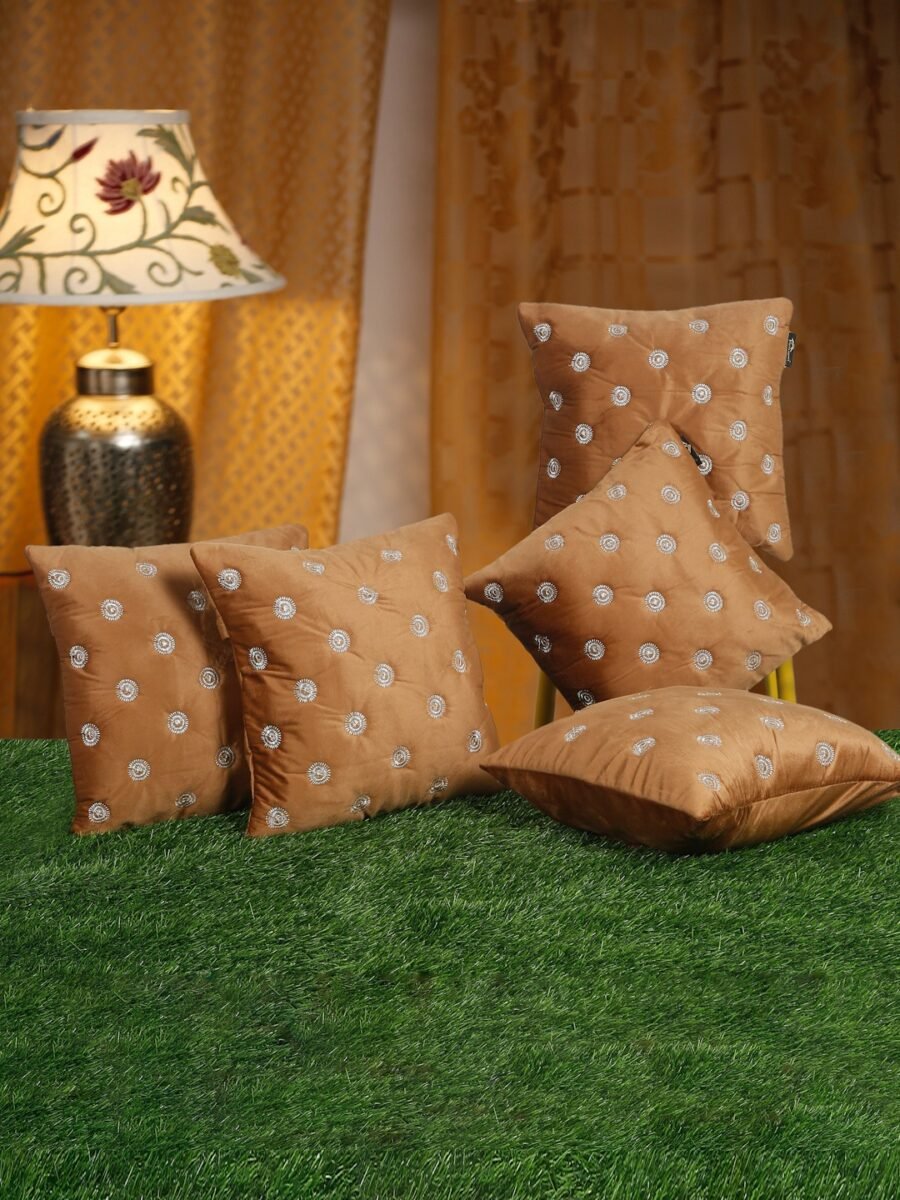 Hosta Homes Camel Brown Gold Buti Embroidery Cushion Covers - Set of 5