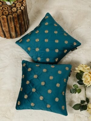 Hosta Homes Teal Gold Buti Embroidery Cushion Covers - Set of 2