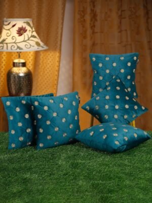 Hosta Homes Teal Gold Buti Embroidery Cushion Covers - Set of 5