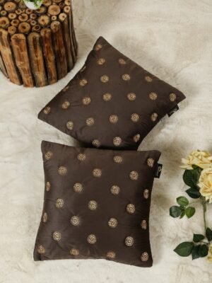 Hosta Homes Chocolate Brown Gold Buti Embroidery Cushion Covers - Set of 2