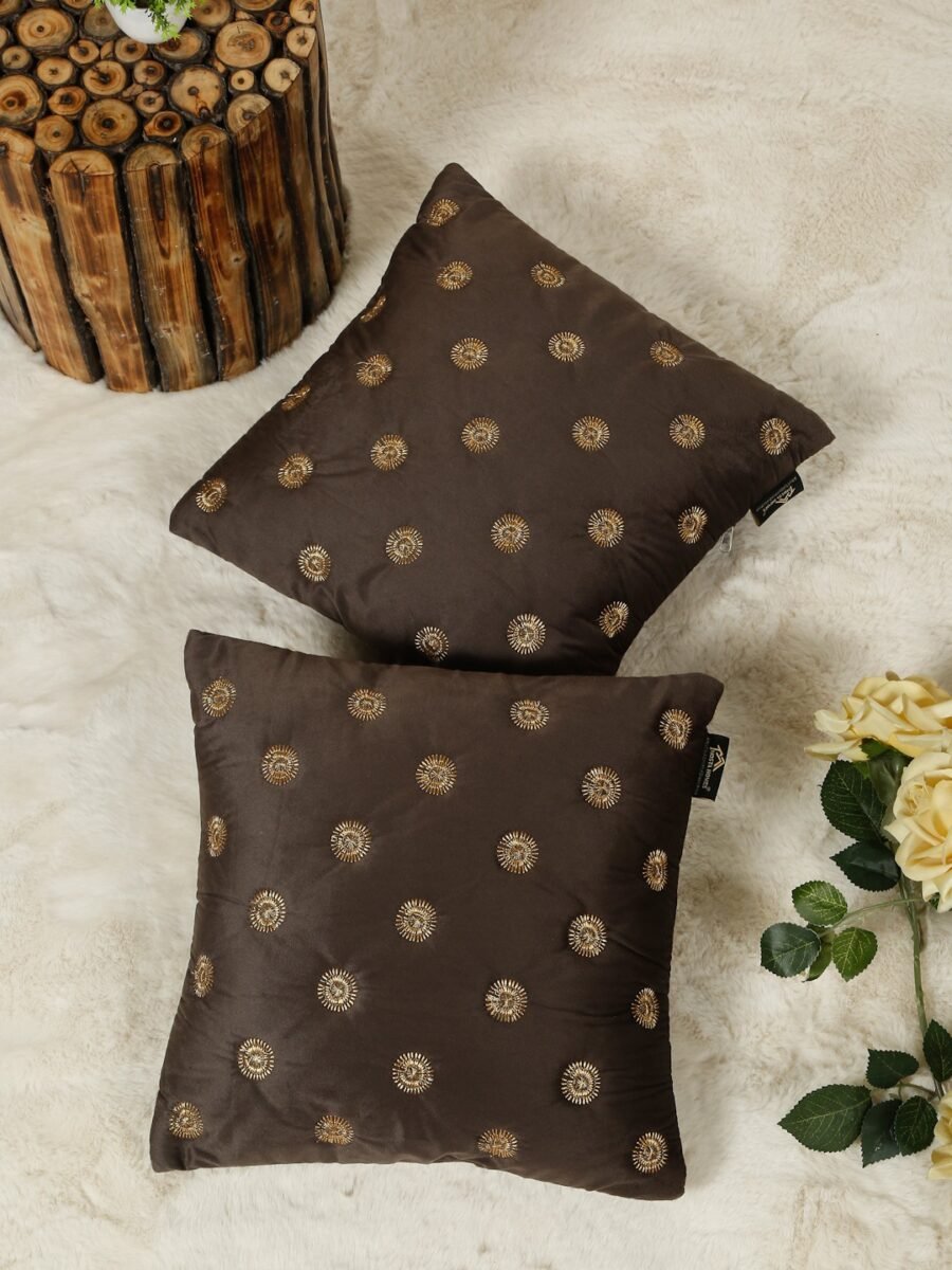Hosta Homes Chocolate Brown Gold Buti Embroidery Cushion Covers - Set of 2