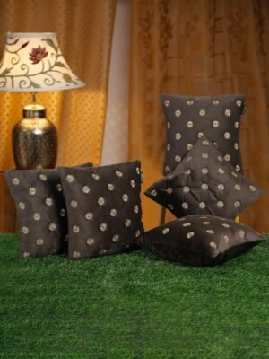 Hosta Homes Chocolate Brown Gold Buti Embroidery Cushion Covers - Set of 5