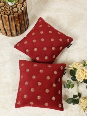 Hosta Homes Burgundy Red Gold Buti Embroidery Cushion Covers - Set of 2