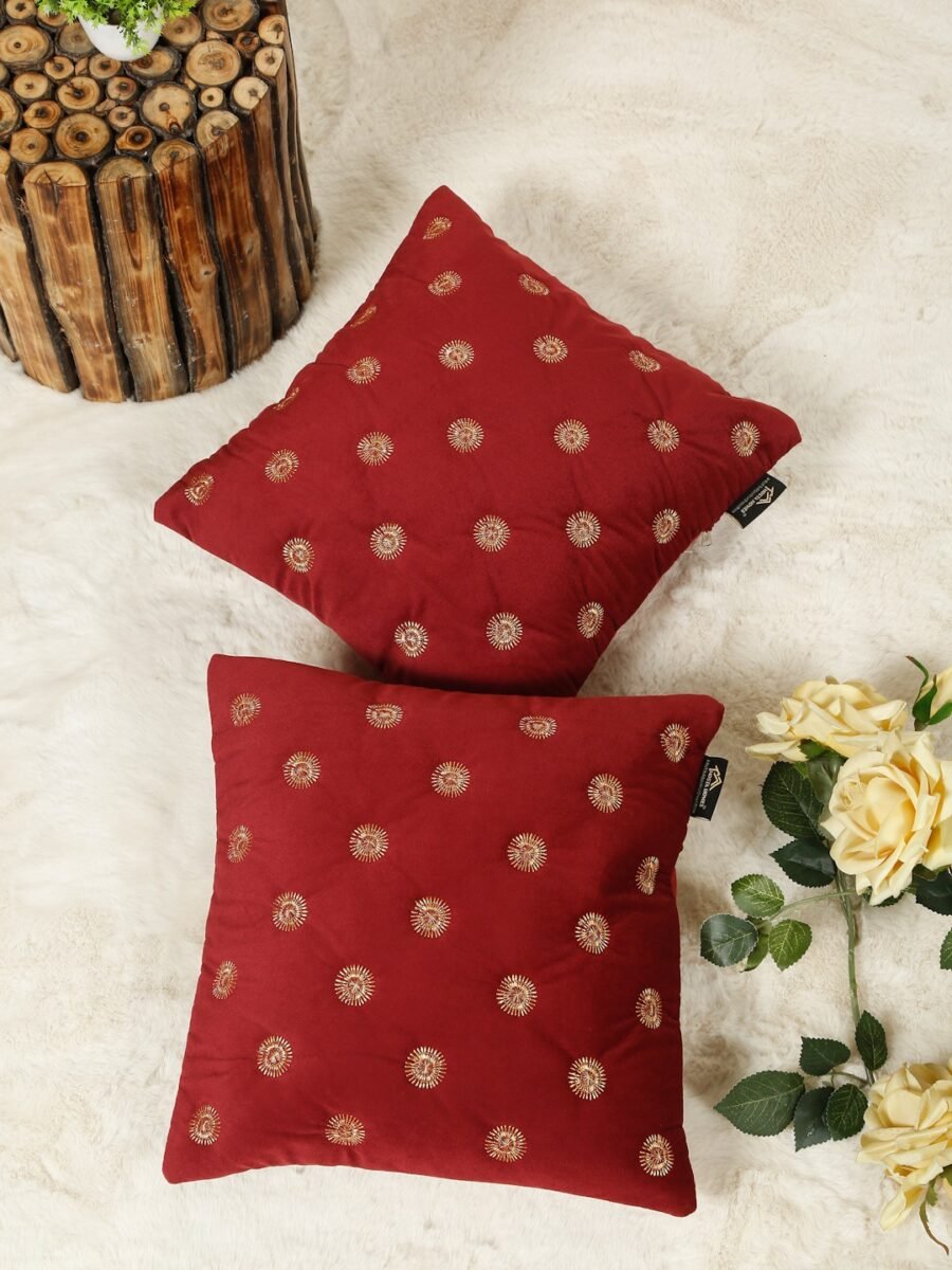 Hosta Homes Burgundy Red Gold Buti Embroidery Cushion Covers - Set of 2