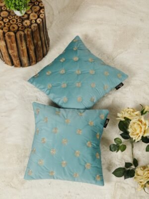 Hosta Homes Aqua Blue Gold Buti Embroidery Cushion Covers - Set of 2