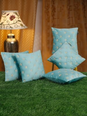 Hosta Homes Aqua Blue Gold Buti Embroidery Cushion Covers - Set of 5