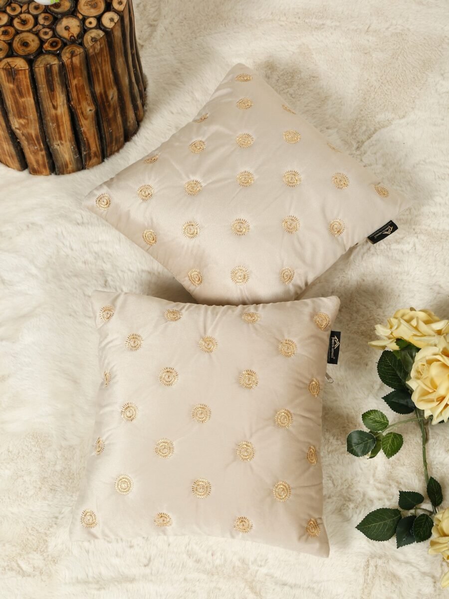 Hosta Homes Ivory Gold Gold Buti Embroidery Cushion Covers - Set of 2