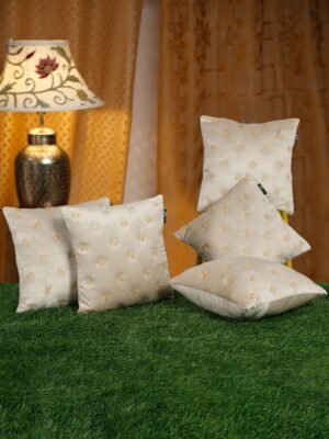 Hosta Homes Ivory Gold Gold Buti Embroidery Cushion Covers - Set of 5