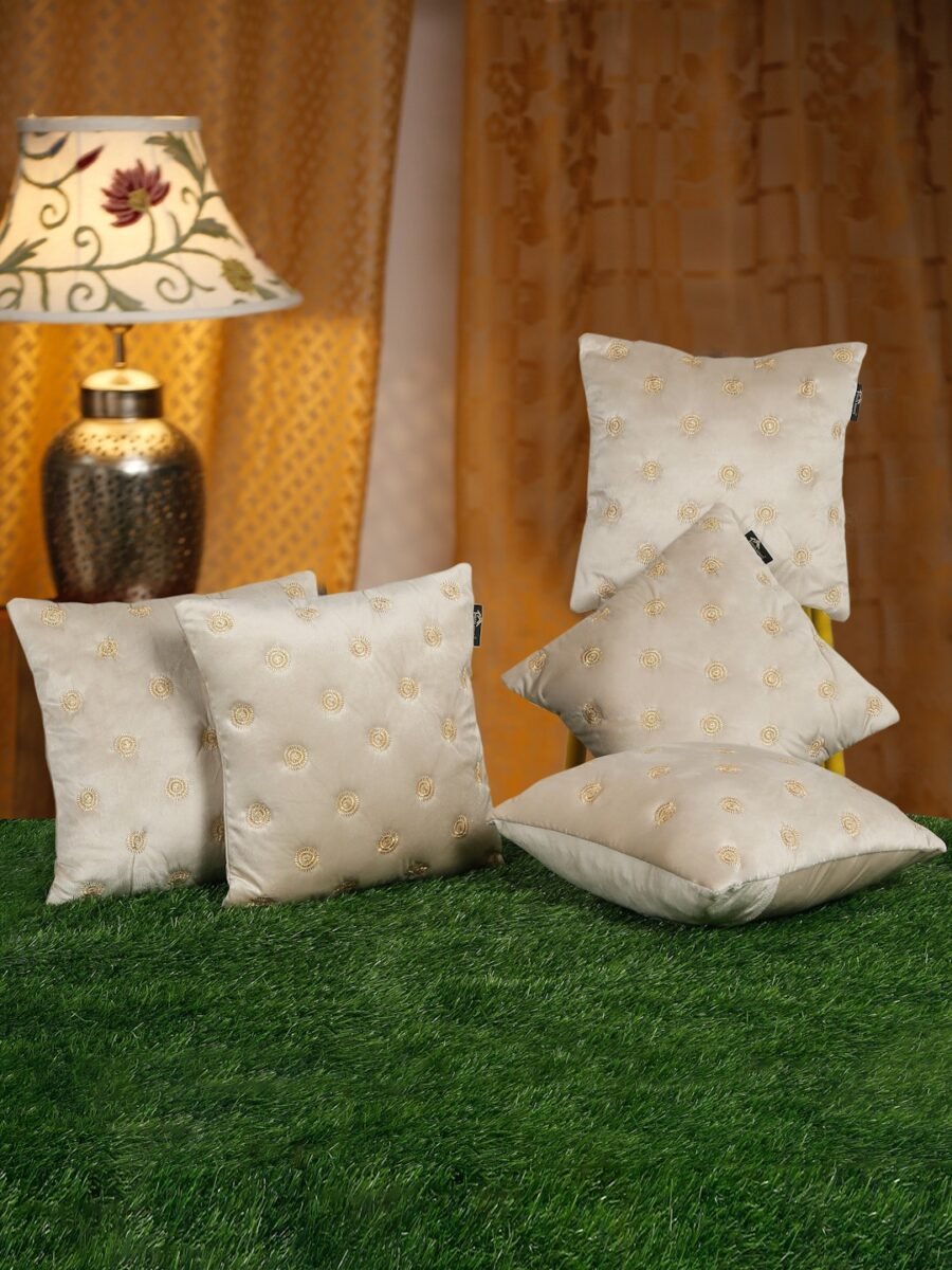 Hosta Homes Ivory Gold Gold Buti Embroidery Cushion Covers - Set of 5