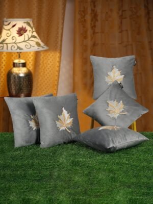 Hosta Homes Grey Maple Leaf Embroidery Cushion Covers - Set of 5