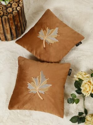 Hosta Homes Camel Brown Maple Leaf Embroidery Cushion Covers - Set of 2