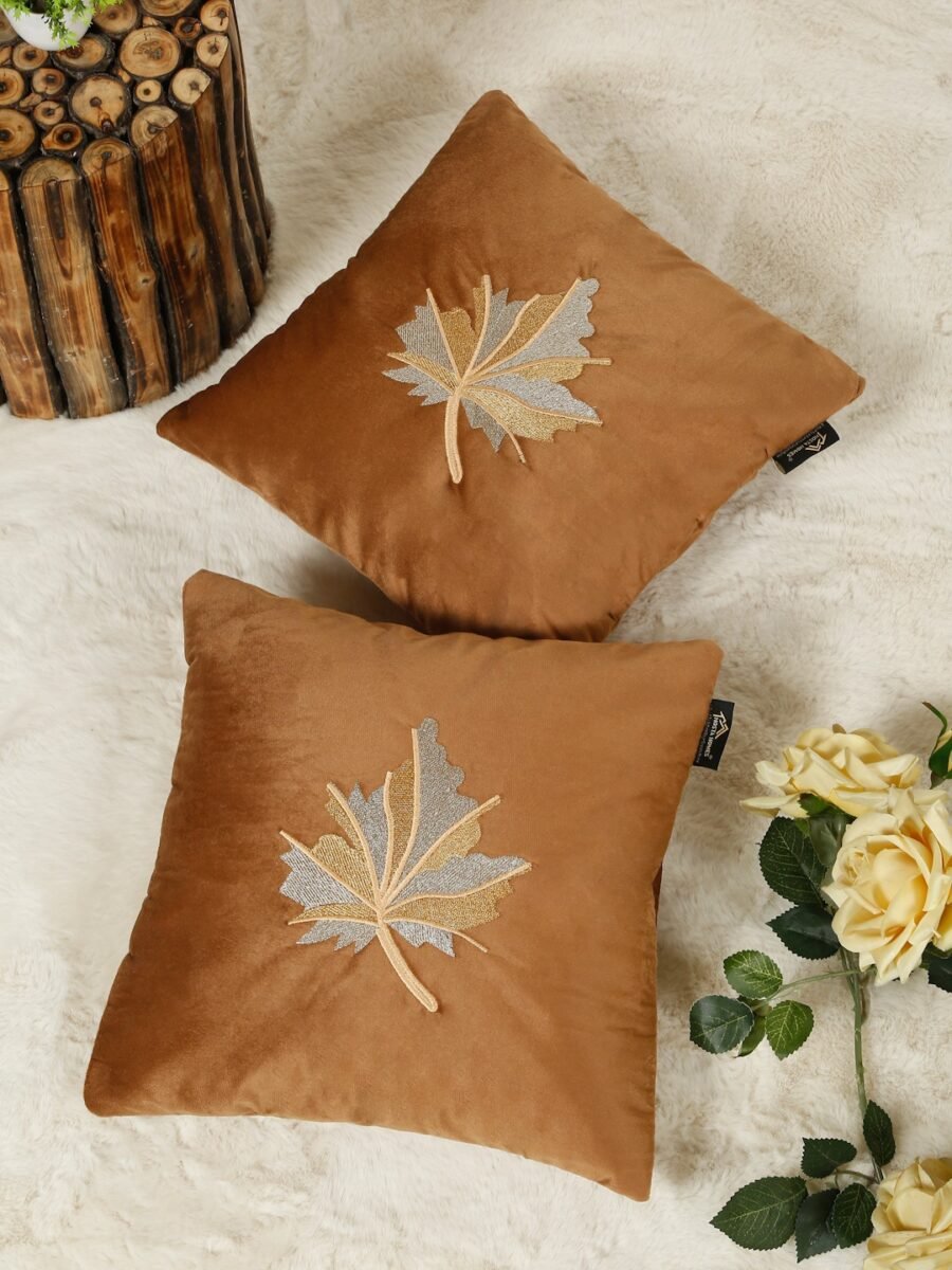 Hosta Homes Camel Brown Maple Leaf Embroidery Cushion Covers - Set of 2