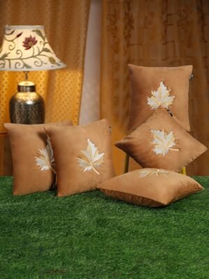 Hosta Homes Camel Brown Maple Leaf Embroidery Cushion Covers - Set of 5
